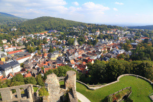 Una luminosa imagen que muestra una ciudad rodeada de bosques, tomada desde un lugar elevado.